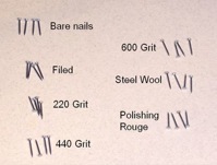 A comparison a nails with a variety of stages of polishing.